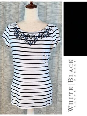 White House Black Market Striped Embellished Top - Black and White